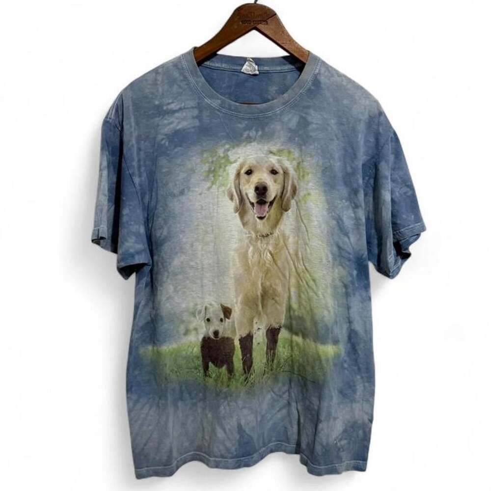 Russell Athletic Golden Retriever Graphic T-Shirt Size L Blue Tie-Dye